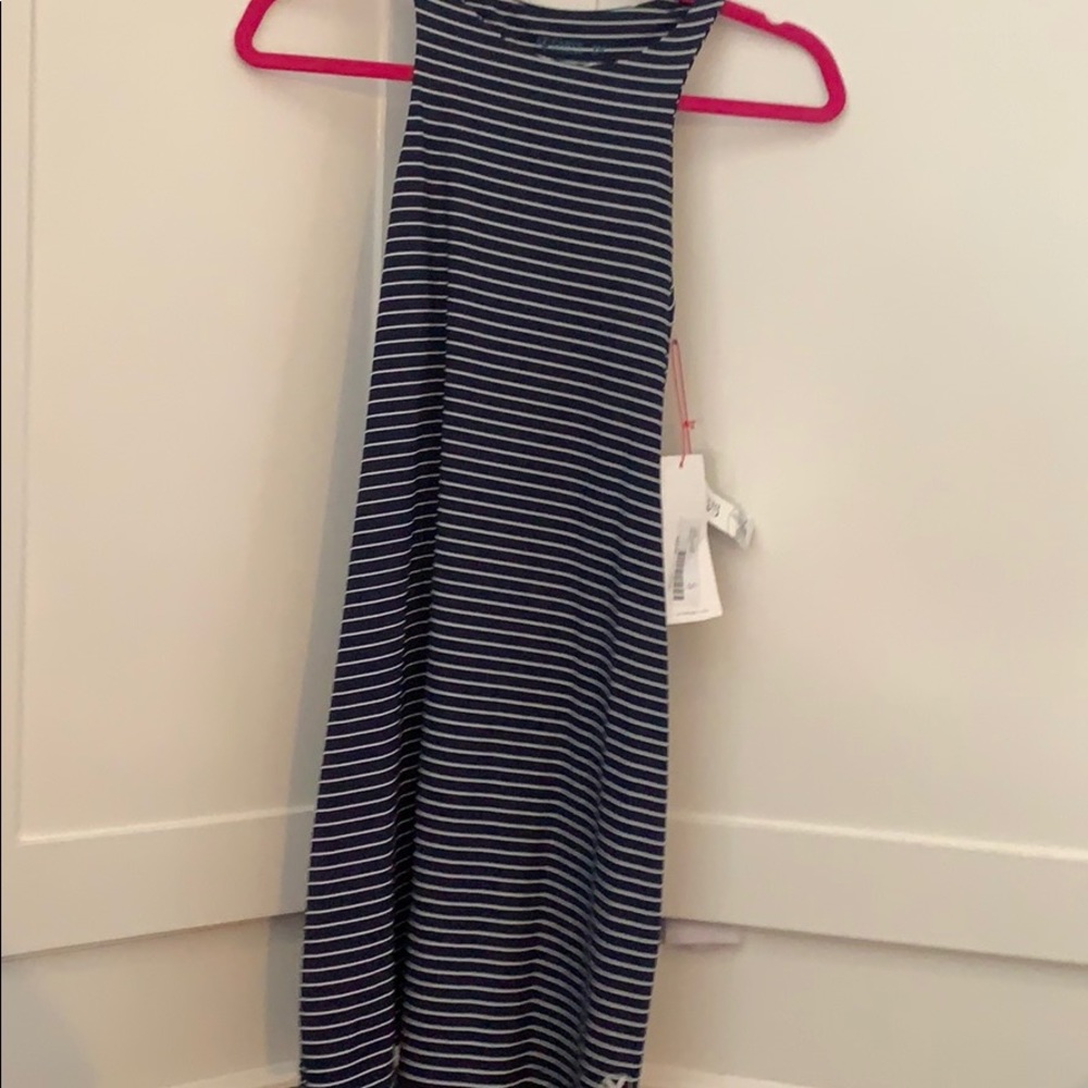 a blue striped dress